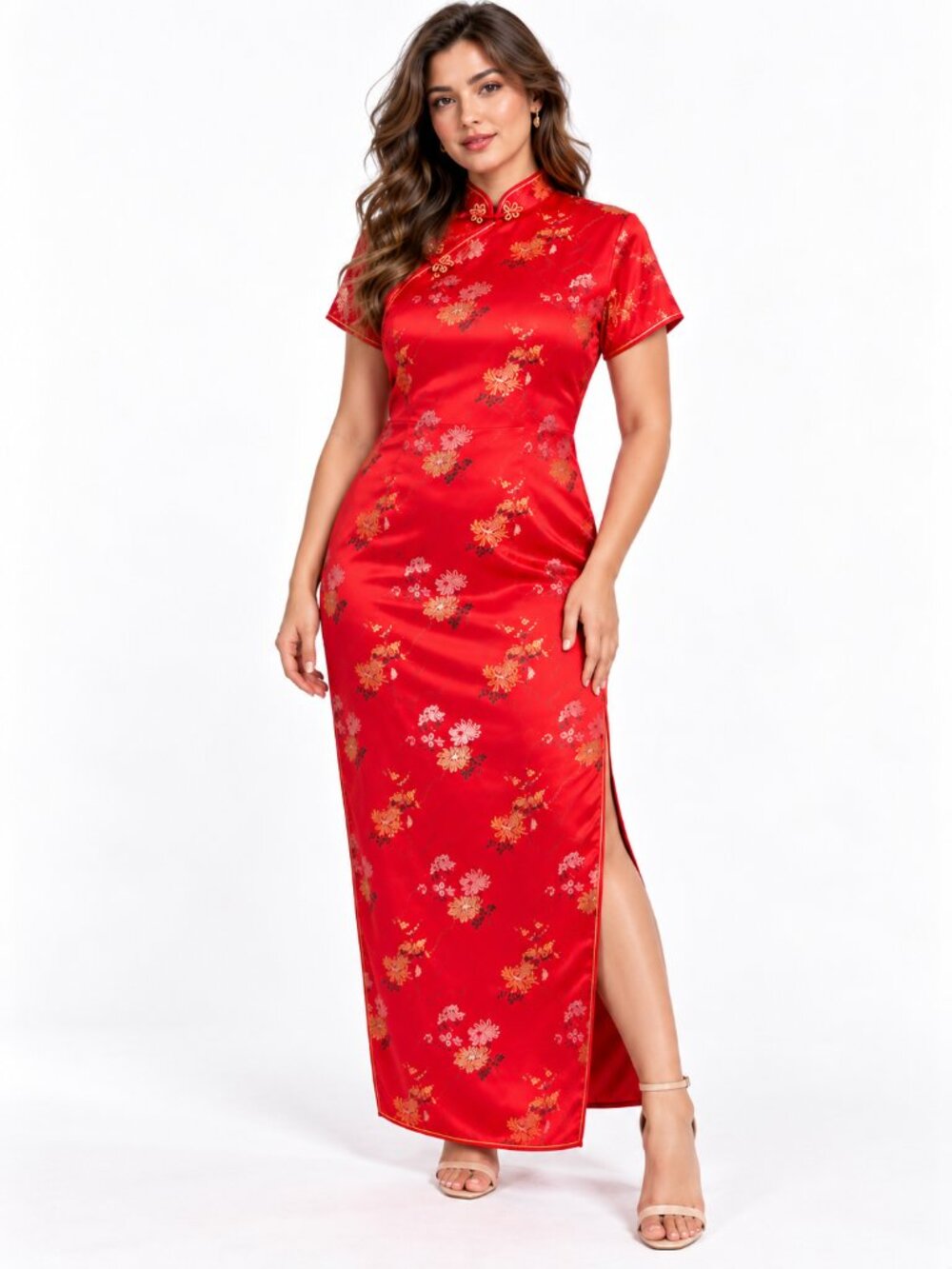 VTG Cheongsam Qipao Mandarin Red Satin Short Sleeve Dress Sz 40 Large
